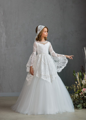 Bell Sleeves Beaded Ivory Eyelash Lace Tulle Flower Girl Dress